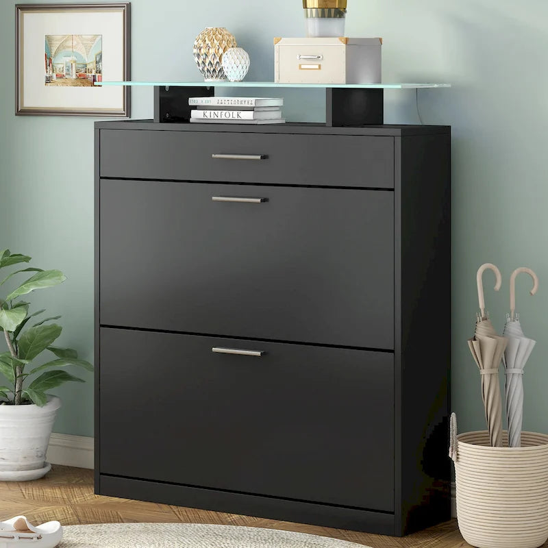 Slim Entryway Organizer with 2 Flip Drawers, Tempered Glass Top Shoe Storage Cabinet with Drawer