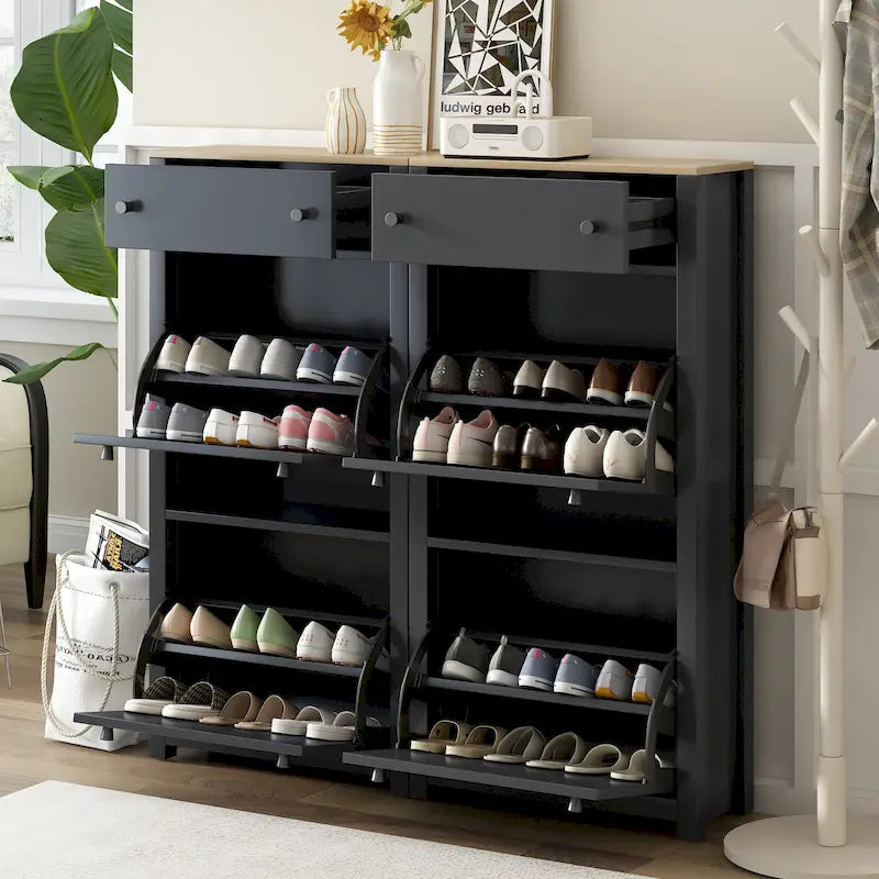 Slim Tipping Bucket Shoe Cabinet Set with 4 Flip Drawers, Wood Grain Pattern Top Shoe Storage Solution with Adjustable Panel