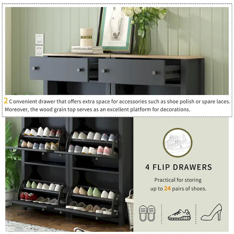 Slim Tipping Bucket Shoe Cabinet Set with 4 Flip Drawers, Wood Grain Pattern Top Shoe Storage Solution with Adjustable Panel