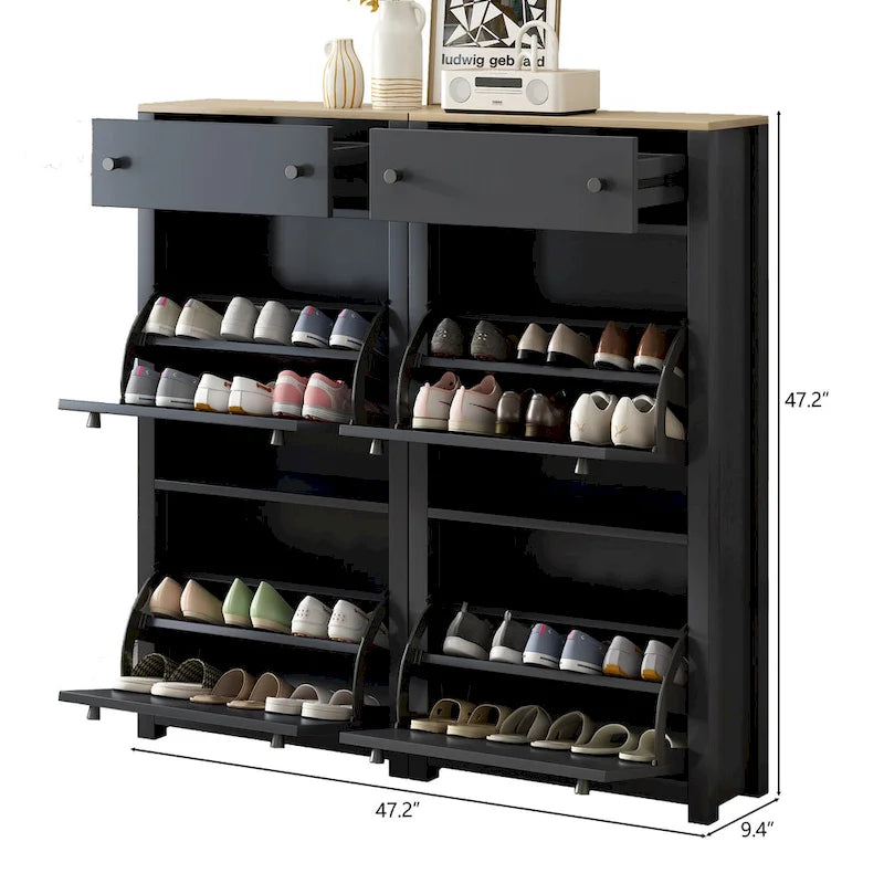 Slim Tipping Bucket Shoe Cabinet Set with 4 Flip Drawers, Wood Grain Pattern Top Shoe Storage Solution with Adjustable Panel