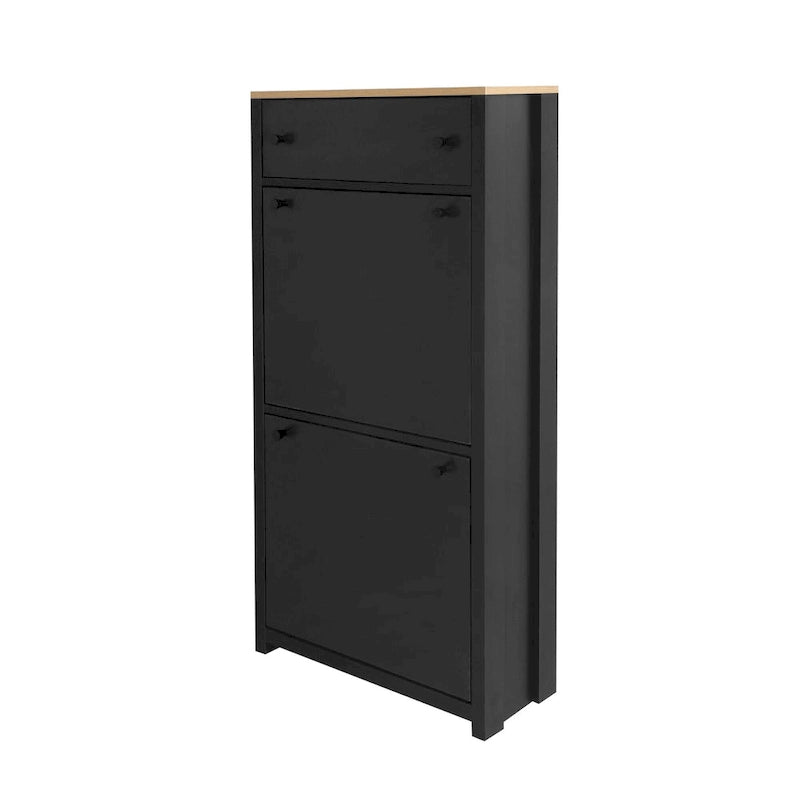 Slim Tipping Bucket Shoe Cabinet Set with 4 Flip Drawers, Wood Grain Pattern Top Shoe Storage Solution with Adjustable Panel