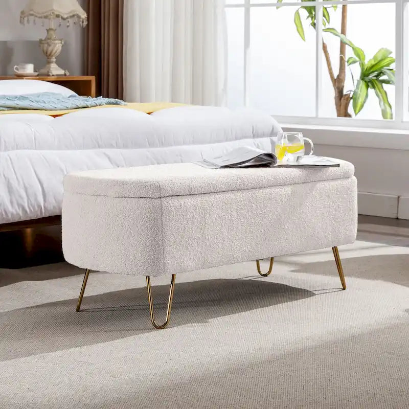 Oval Storage Ottoman Bench with Gold Legs by GDFStudio - 39.37L x15.75W x 15.50H