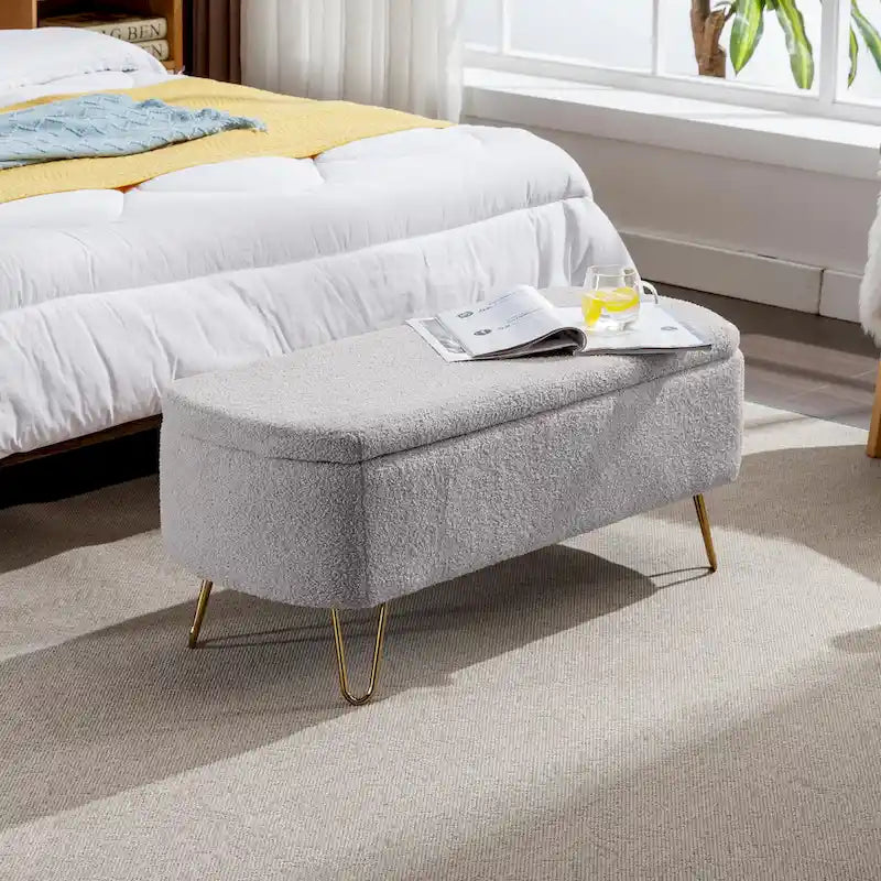 Oval Storage Ottoman Bench with Gold Legs by GDFStudio - 39.37L x15.75W x 15.50H