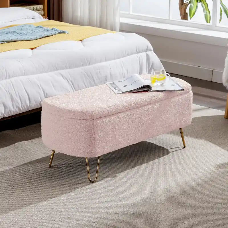 Oval Storage Ottoman Bench with Gold Legs by GDFStudio - 39.37L x15.75W x 15.50H