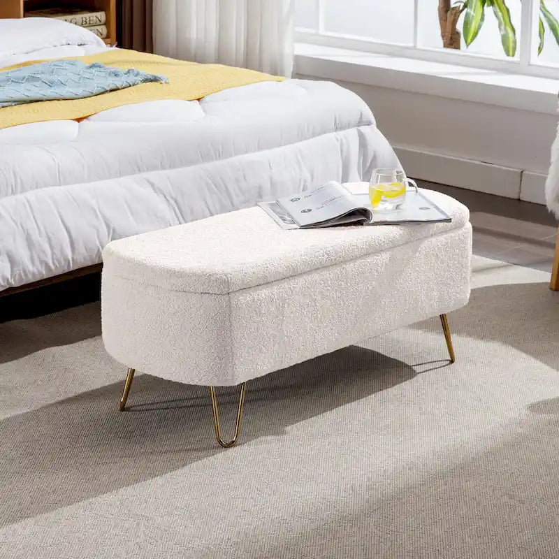 Oval Storage Ottoman Bench with Gold Legs by GDFStudio - 39.37L x15.75W x 15.50H