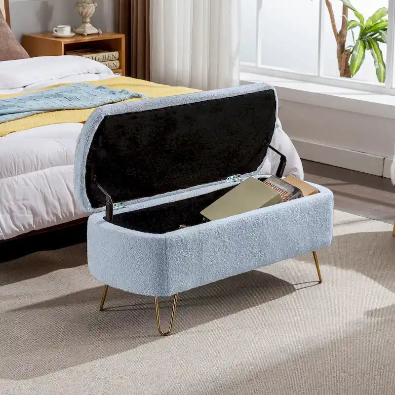 Oval Storage Ottoman Bench with Gold Legs by GDFStudio - 39.37L x15.75W x 15.50H