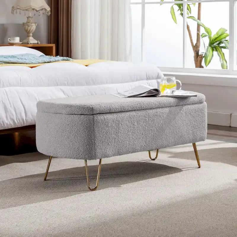 Oval Storage Ottoman Bench with Gold Legs by GDFStudio - 39.37L x15.75W x 15.50H