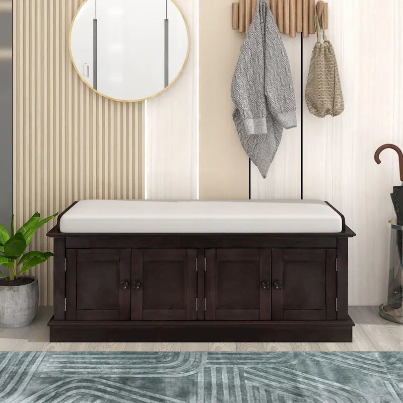 Hallway Storage Bench with 4 Doors & Adjustable Shelves, 42.7 Entryway Shoe Rack with Removable Cushion for Living Room