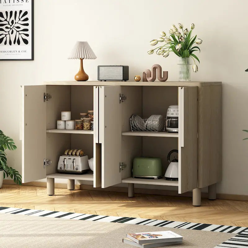 4-Door Buffet Cabinet with Storage, Wood Sideboard Cabinet with Unique Arc Handles and Adjustable Shelves for Dining Room