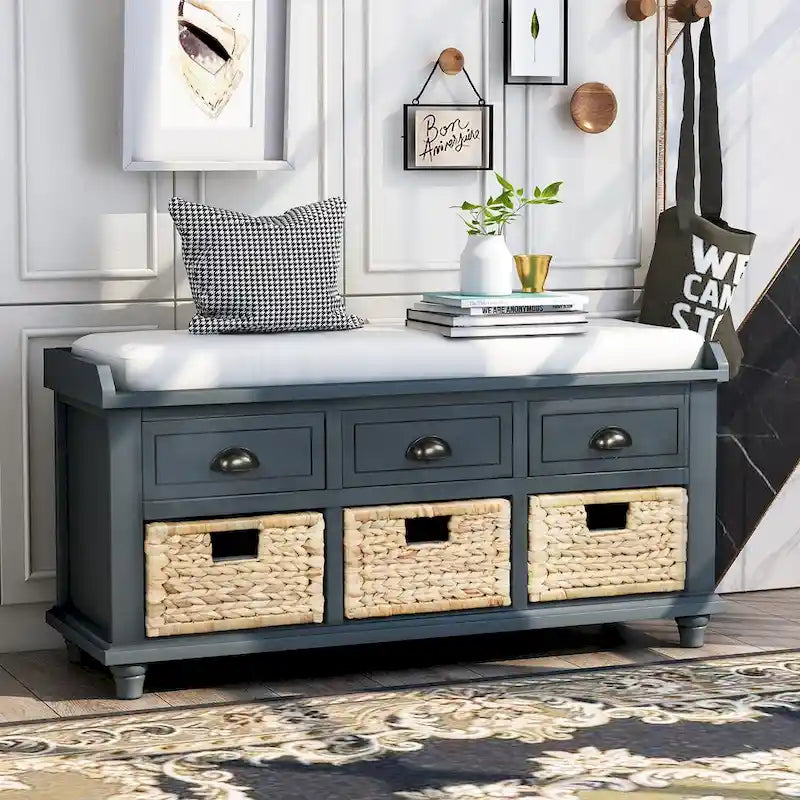 Rustic Storage Bench with 3 Drawers and 3 Rattan Baskets