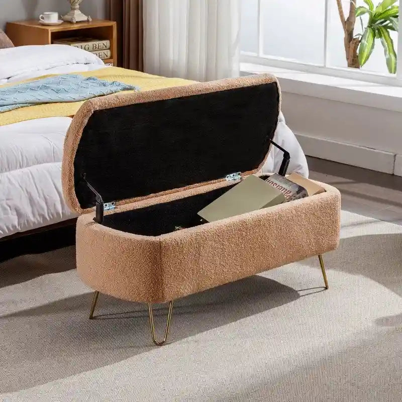 Modern Fuzzy Storage Bench, Upholstered Ottoman with Storage Space and Gold Legs, End of Bed Bench, Footrest Stool