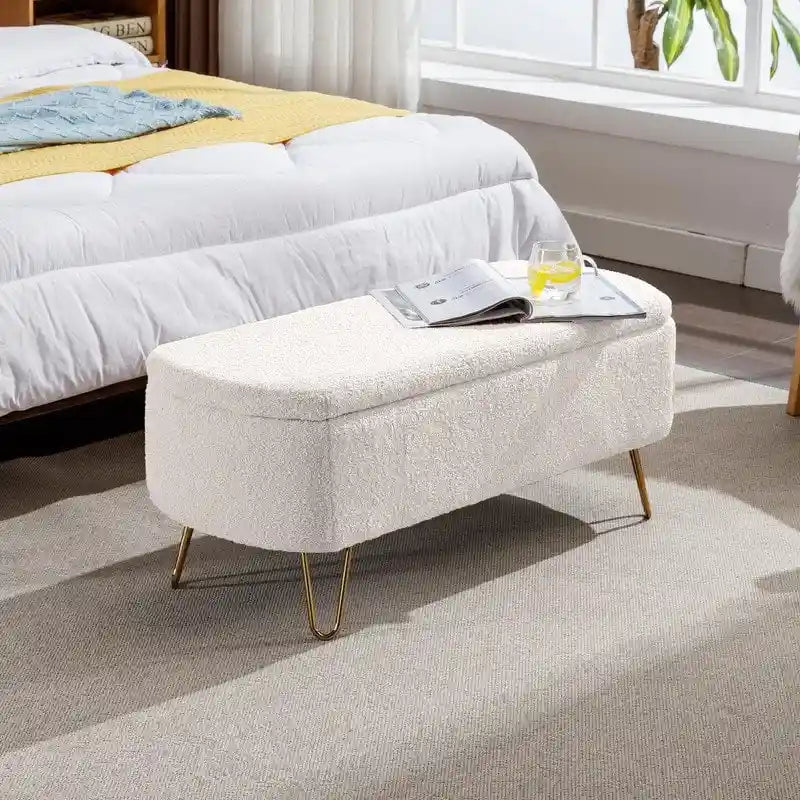 Modern Fuzzy Storage Bench, Upholstered Ottoman with Storage Space and Gold Legs, End of Bed Bench, Footrest Stool