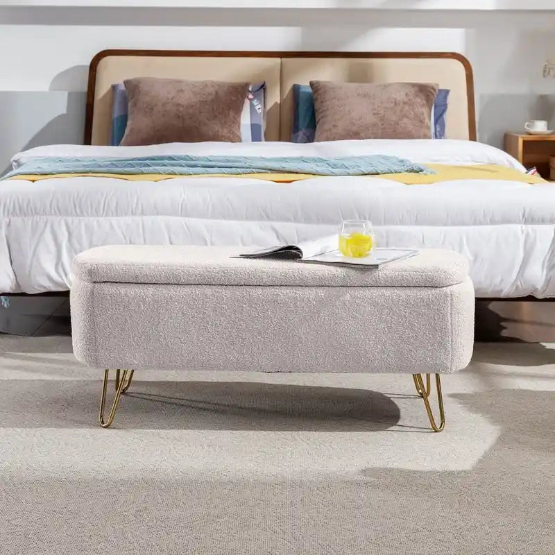 Modern Fuzzy Storage Bench, Upholstered Ottoman with Storage Space and Gold Legs, End of Bed Bench, Footrest Stool