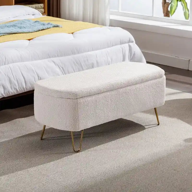 Modern Fuzzy Storage Bench, Upholstered Ottoman with Storage Space and Gold Legs, End of Bed Bench, Footrest Stool