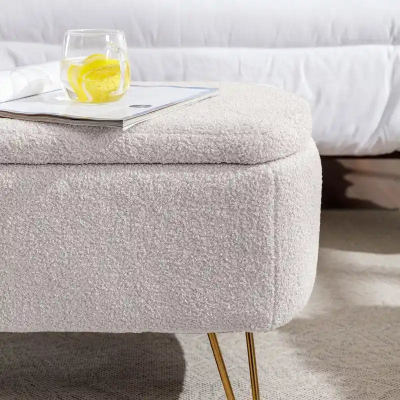 Modern Fuzzy Storage Bench, Upholstered Ottoman with Storage Space and Gold Legs, End of Bed Bench, Footrest Stool