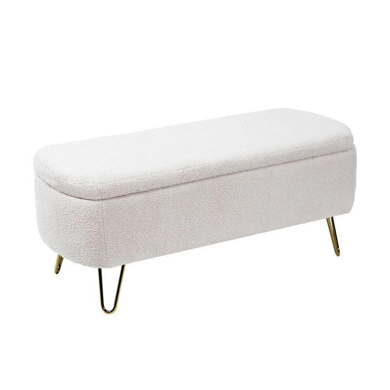Modern Fuzzy Storage Bench, Upholstered Ottoman with Storage Space and Gold Legs, End of Bed Bench, Footrest Stool