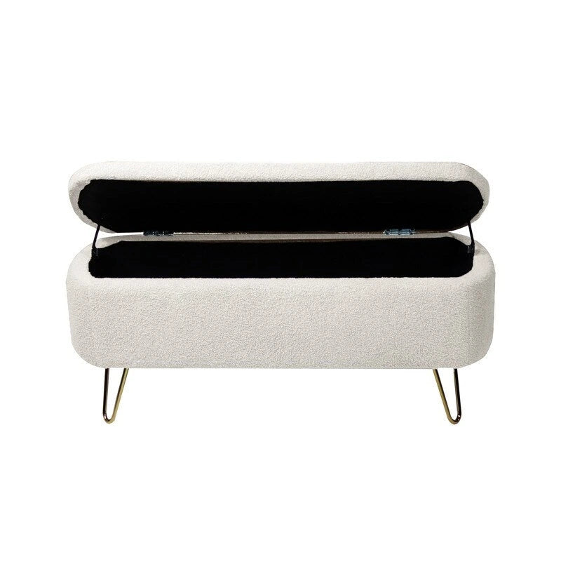 Modern Fuzzy Storage Bench, Upholstered Ottoman with Storage Space and Gold Legs, End of Bed Bench, Footrest Stool
