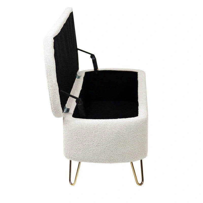 Modern Fuzzy Storage Bench, Upholstered Ottoman with Storage Space and Gold Legs, End of Bed Bench, Footrest Stool