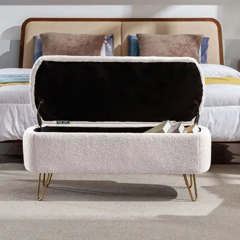 Modern Fuzzy Storage Bench, Upholstered Ottoman with Storage Space and Gold Legs, End of Bed Bench, Footrest Stool