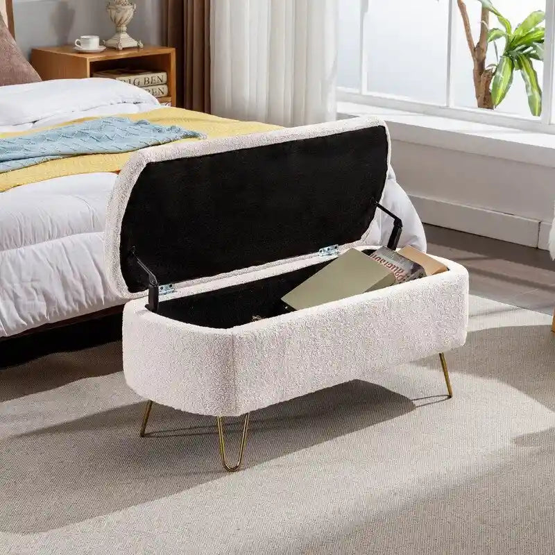 Modern Fuzzy Storage Bench, Upholstered Ottoman with Storage Space and Gold Legs, End of Bed Bench, Footrest Stool