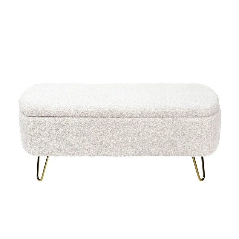 Modern Fuzzy Storage Bench, Upholstered Ottoman with Storage Space and Gold Legs, End of Bed Bench, Footrest Stool