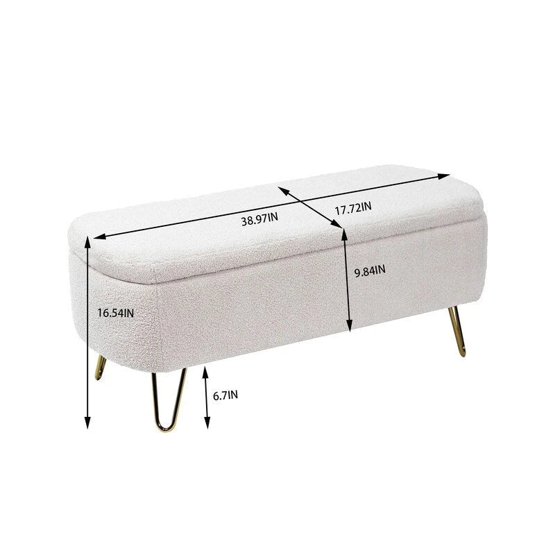Modern Fuzzy Storage Bench, Upholstered Ottoman with Storage Space and Gold Legs, End of Bed Bench, Footrest Stool