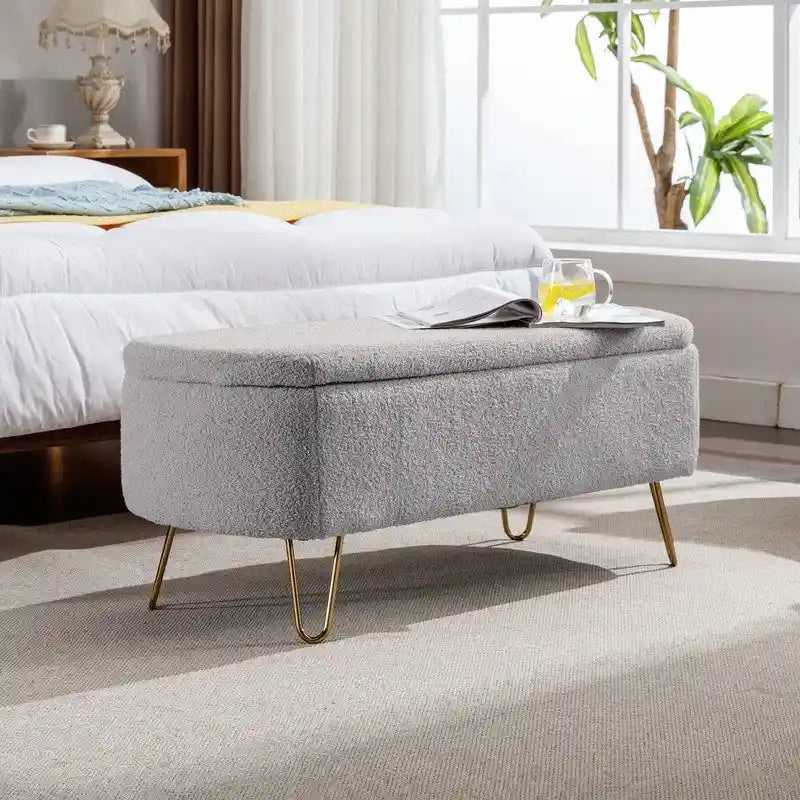 Modern Fuzzy Storage Bench, Upholstered Ottoman with Storage Space and Gold Legs, End of Bed Bench, Footrest Stool
