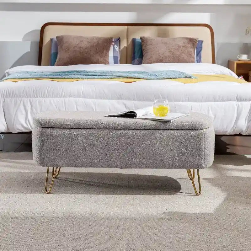 Modern Fuzzy Storage Bench, Upholstered Ottoman with Storage Space and Gold Legs, End of Bed Bench, Footrest Stool