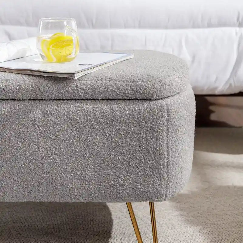 Modern Fuzzy Storage Bench, Upholstered Ottoman with Storage Space and Gold Legs, End of Bed Bench, Footrest Stool