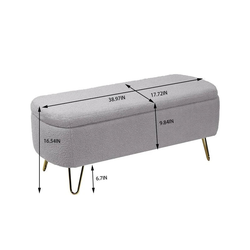 Modern Fuzzy Storage Bench, Upholstered Ottoman with Storage Space and Gold Legs, End of Bed Bench, Footrest Stool
