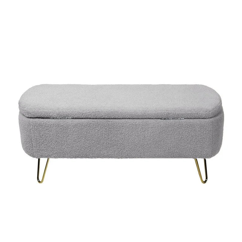 Modern Fuzzy Storage Bench, Upholstered Ottoman with Storage Space and Gold Legs, End of Bed Bench, Footrest Stool