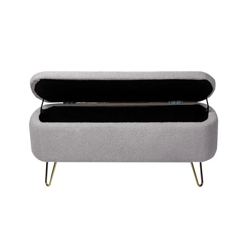 Modern Fuzzy Storage Bench, Upholstered Ottoman with Storage Space and Gold Legs, End of Bed Bench, Footrest Stool