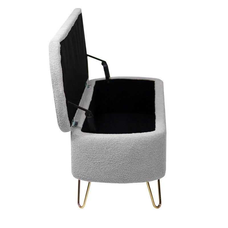 Modern Fuzzy Storage Bench, Upholstered Ottoman with Storage Space and Gold Legs, End of Bed Bench, Footrest Stool