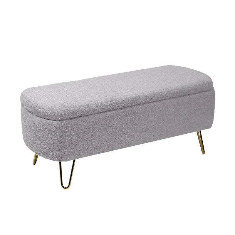 Modern Fuzzy Storage Bench, Upholstered Ottoman with Storage Space and Gold Legs, End of Bed Bench, Footrest Stool