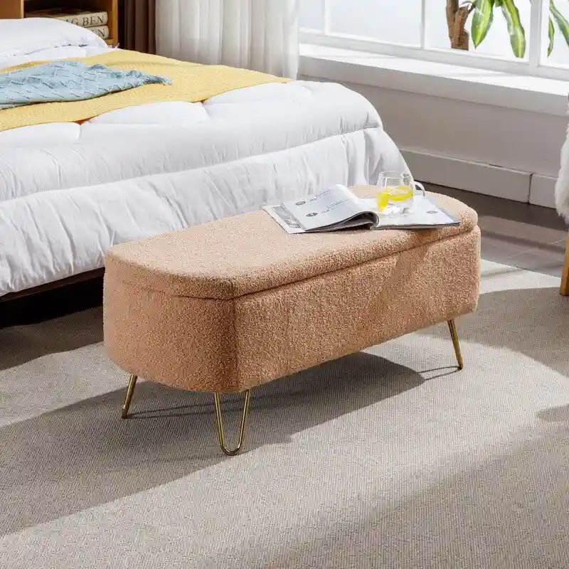 Modern Fuzzy Storage Bench, Upholstered Ottoman with Storage Space and Gold Legs, End of Bed Bench, Footrest Stool