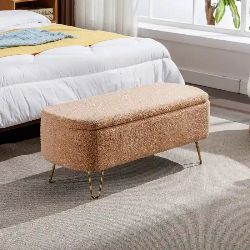Modern Fuzzy Storage Bench, Upholstered Ottoman with Storage Space and Gold Legs, End of Bed Bench, Footrest Stool