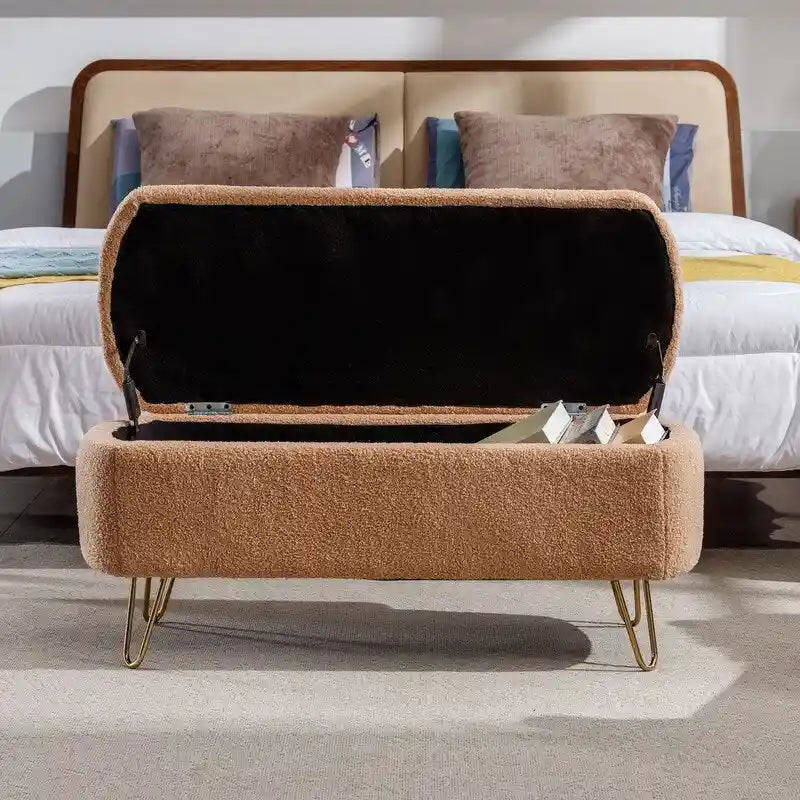 Modern Fuzzy Storage Bench, Upholstered Ottoman with Storage Space and Gold Legs, End of Bed Bench, Footrest Stool
