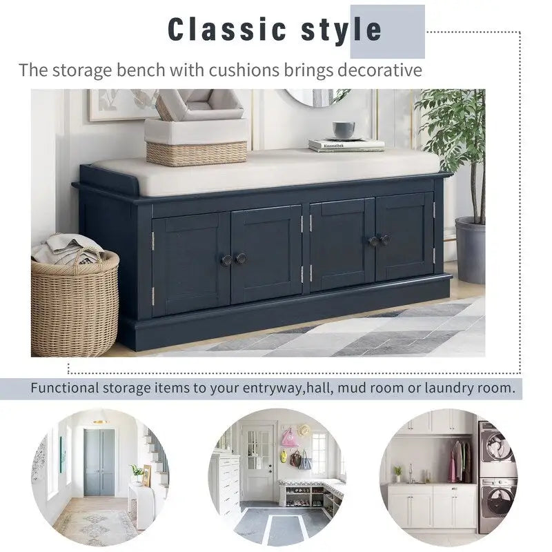 Entrance living room storage stool with removable mat and locker, 4 doors and adjustable shelves