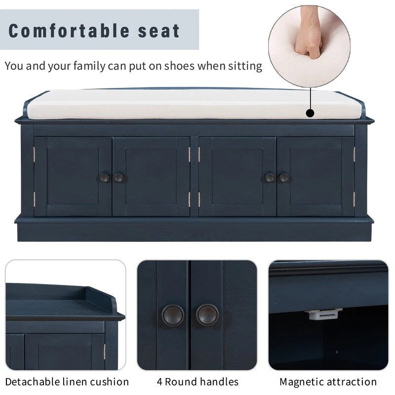 Entrance living room storage stool with removable mat and locker, 4 doors and adjustable shelves
