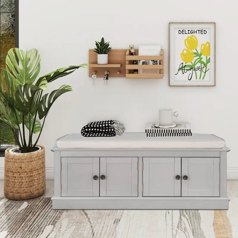Entrance living room storage stool with removable mat and locker, 4 doors and adjustable shelves