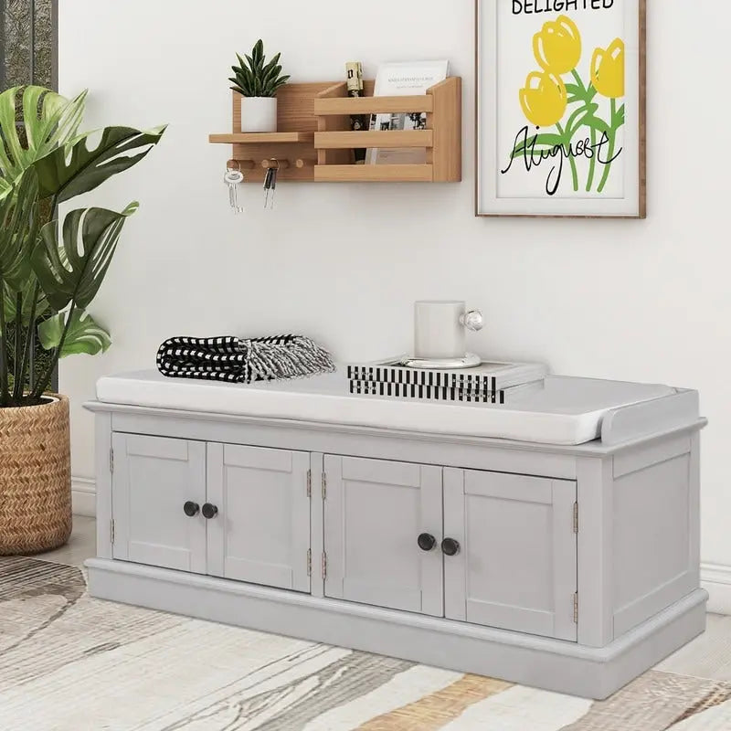 Entrance living room storage stool with removable mat and locker, 4 doors and adjustable shelves
