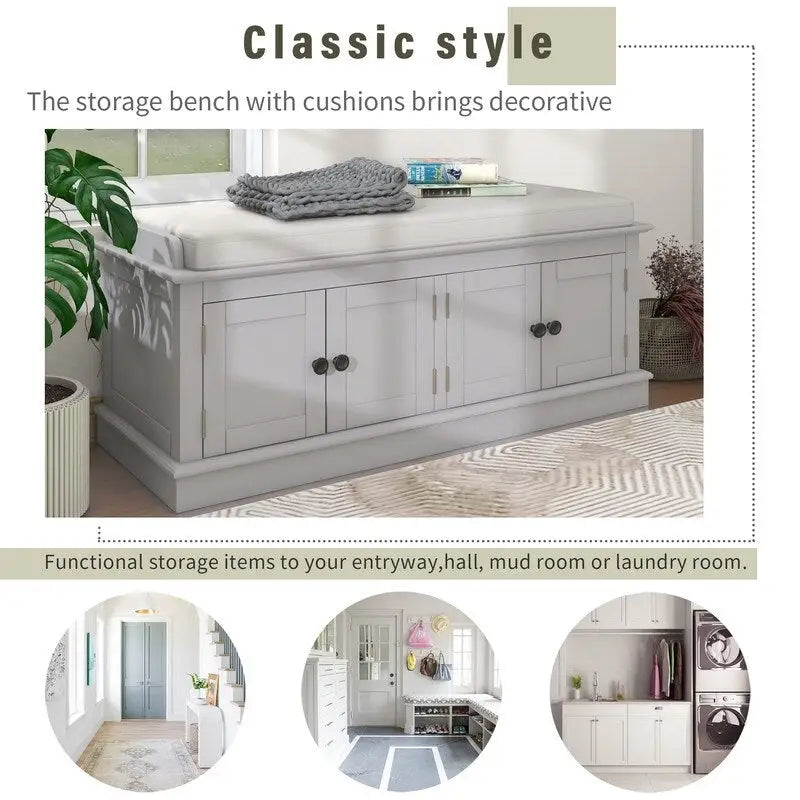 Entrance living room storage stool with removable mat and locker, 4 doors and adjustable shelves