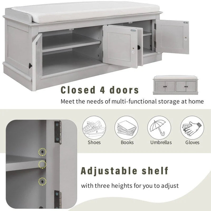 Entrance living room storage stool with removable mat and locker, 4 doors and adjustable shelves