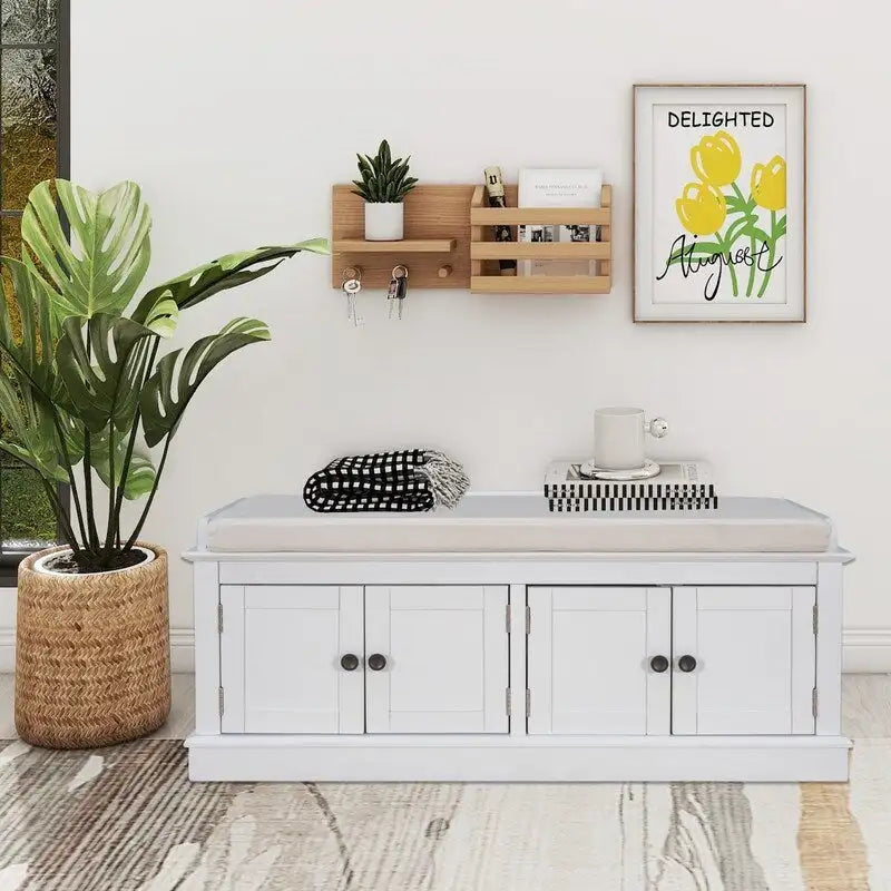 Entrance living room storage stool with removable mat and locker, 4 doors and adjustable shelves