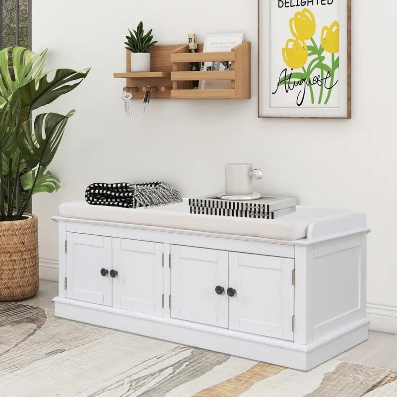Entrance living room storage stool with removable mat and locker, 4 doors and adjustable shelves