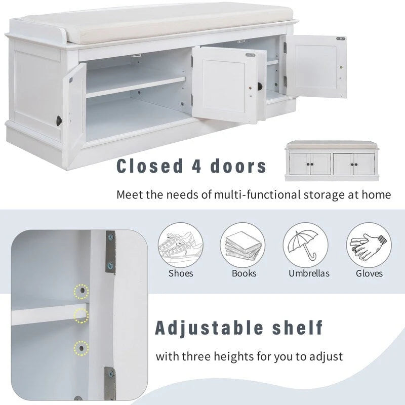 Entrance living room storage stool with removable mat and locker, 4 doors and adjustable shelves