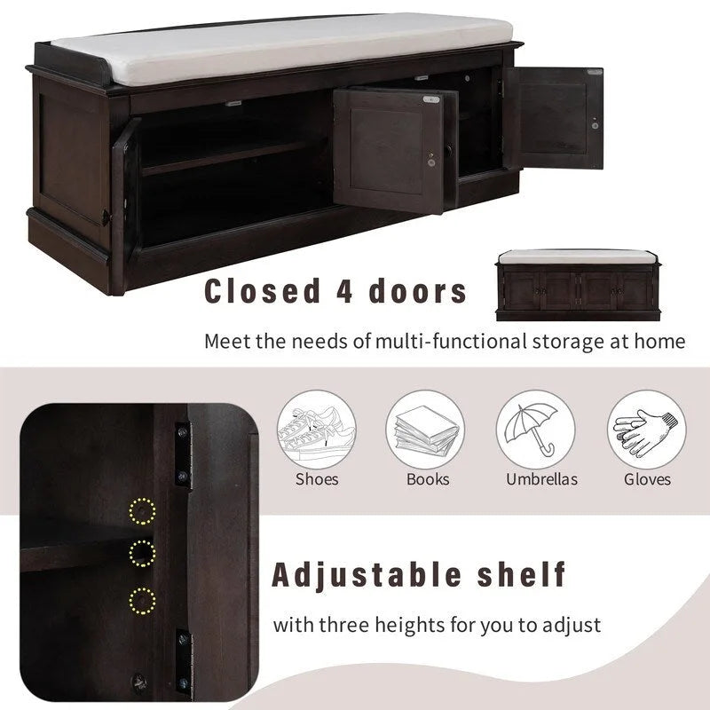 Entrance living room storage stool with removable mat and locker, 4 doors and adjustable shelves