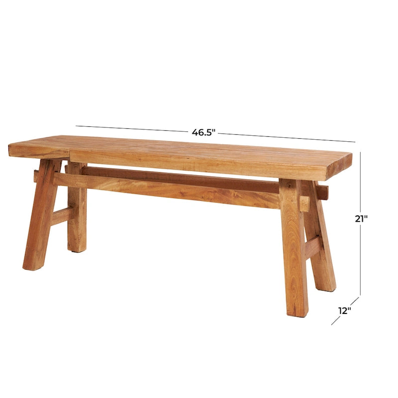 Reclaimed Wood Handmade Distressed Bench with High Trestle Legs - Brown - Roche River Decor - 14Wx47Lx19H
