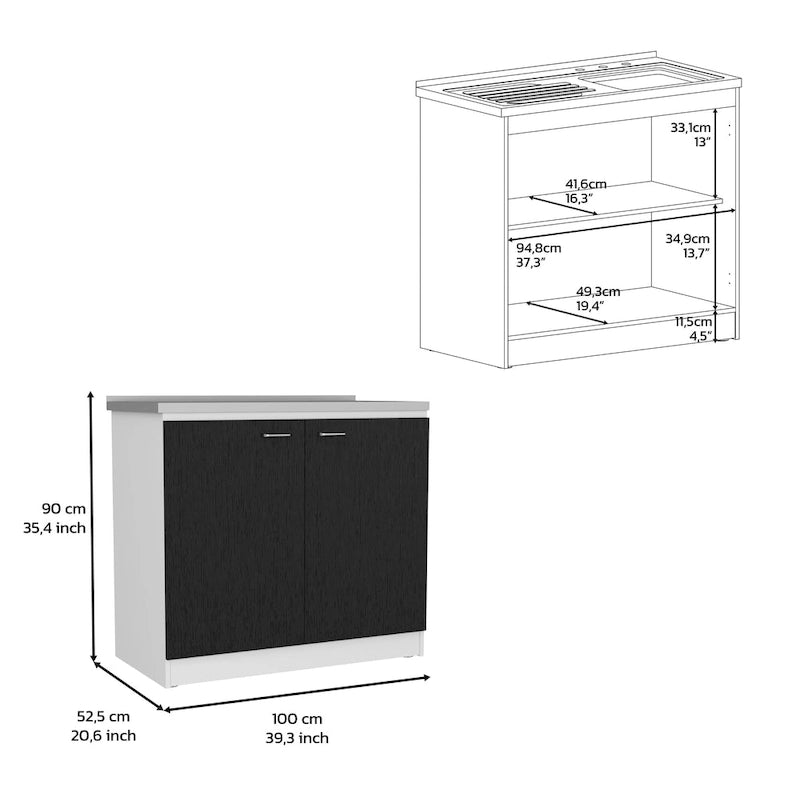 FM Furniture Aztec 2-Piece Kitchen Set with Wall Cabinet and Utility Sink Cabinet, Black/White