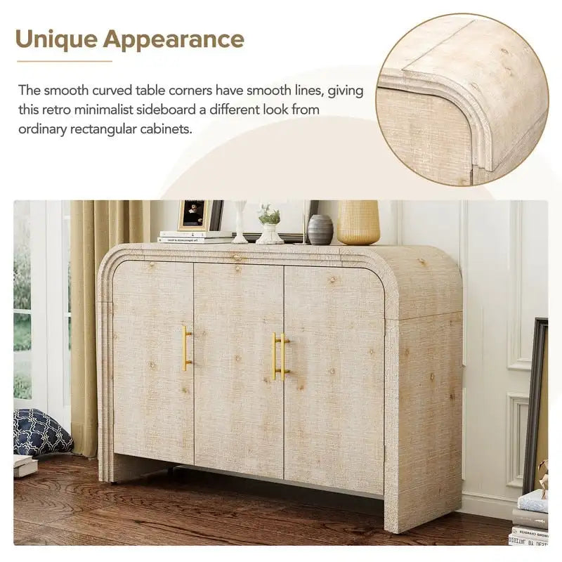Retro Minimalist Curved Sideboard with Gold Handles and Adjustable Dividers for Living Room or Dining Room